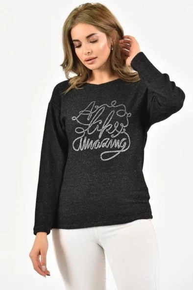 Bisiklet Yaka Nakış Baskılı Örme Siyah Kadın Bluz - 2