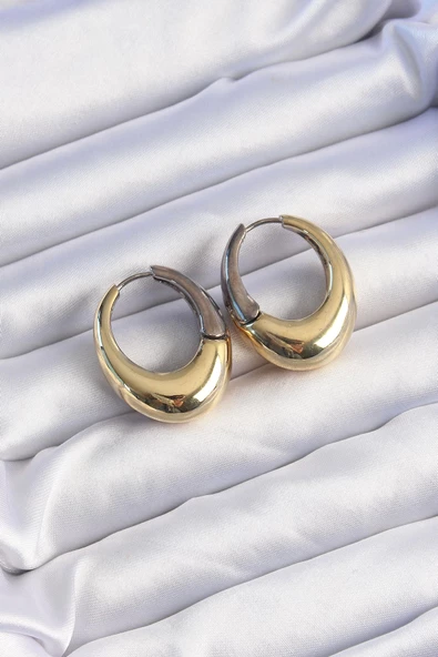 Pirinç Gold Gümüş Renkli Oval Bombeli Küpe ürün görseli 1