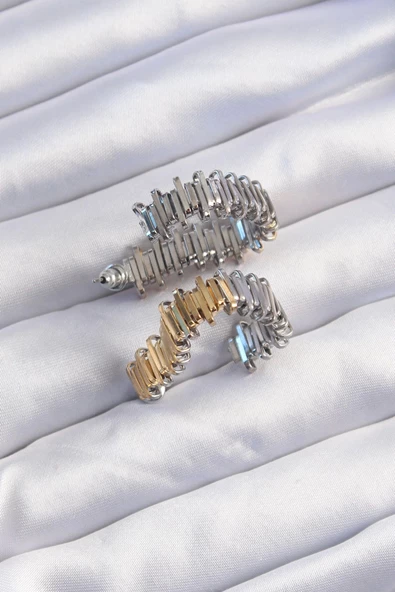 Pirinç Gold Gümüş Renkli Tırtıklı Kalp Küpe - Resim 2