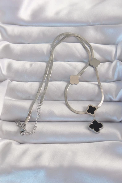 316L Çelik Gümüş Renk İtalyan Zincirli Mineli Yonca Kolye - Resim 2