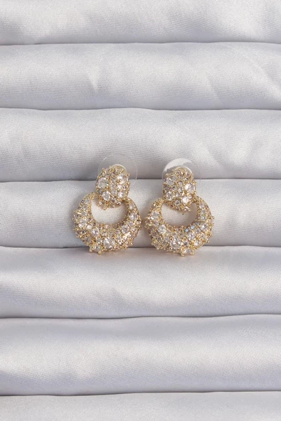 Pirinç Gold Renk Zirkon Taşlı Oval Form Küpe ürün görseli 1