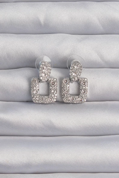 Pirinç Gümüş Renk Zirkon Taşlı Kare Form Küpe ürün görseli 1