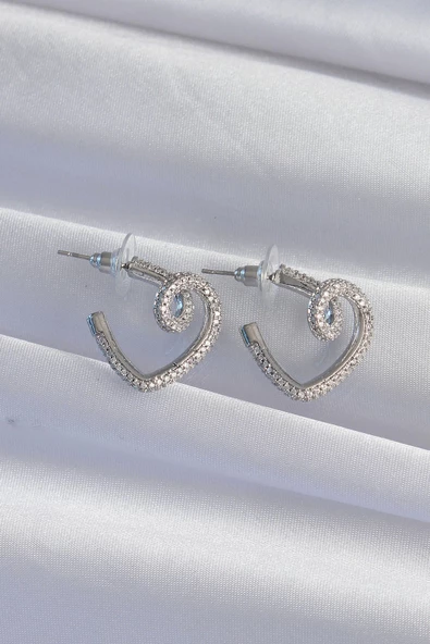 Pirinç Gümüş Renk Zirkon Taşlı Kıvrımlı Yarım Kalp Küpe - Resim 2