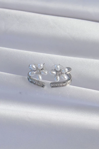 Pirinç Gümüş Renk Zirkon Taşlı Kıvrımlı İnci Çiçek Küpe - Resim 2