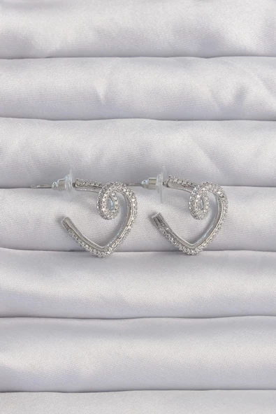 Pirinç Gümüş Renk Zirkon Taşlı Kıvrımlı Yarım Kalp Küpe ürün görseli 1