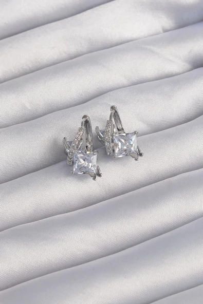 Pirinç Gümüş Renk İri Zirkon Taşlı Kıvrımlı Minimal Kelebekli Halka Küpe ürün görseli 1