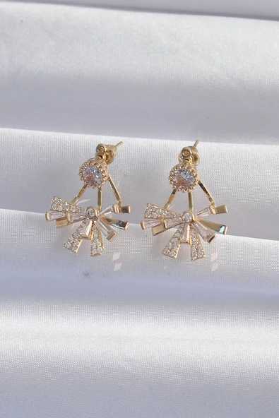 Pirinç Gold Renk Zirkon Taşlı Yassı Fiyonk Model Küpe - Resim 2