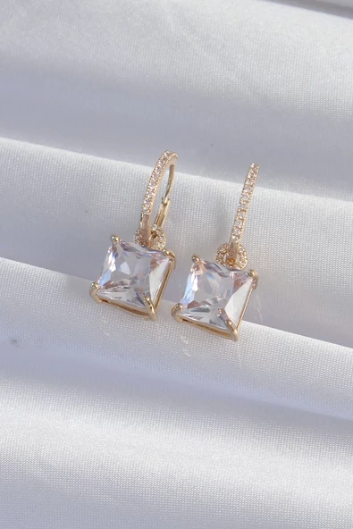 Pirinç Gold Renk Kare Zirkon Taşlı Halka Küpe - Resim 2