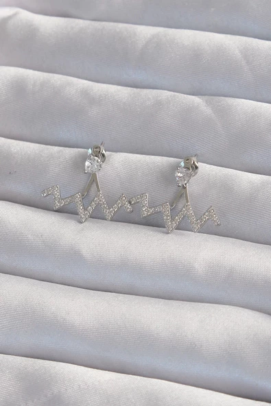 Pirinç Gümüş Renk Zirkon Taşlı Zikzak Küpe ürün görseli 1