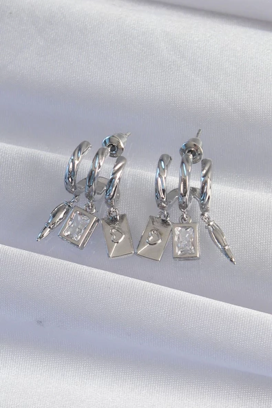 Pirinç Gümüş Renk Zirkon Taşlı Çoklu Aksesuarlı Yarım Halka Kaburga Küpe - Resim 2