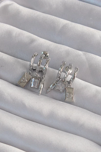 Pirinç Gümüş Renk Zirkon Taşlı Çoklu Aksesuarlı Yarım Halka Kaburga Küpe ürün görseli 1