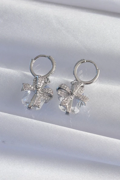 Pirinç Gümüş Renk İri Zirkon Taşlı Fiyonk Model Halka Küpe - Resim 2