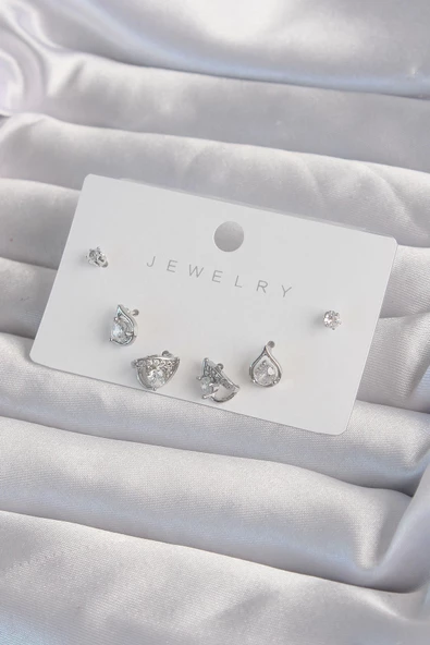 Pirinç Gümüş Renk Zirkon Taşlı Damla Model Küpe Seti ürün görseli 1