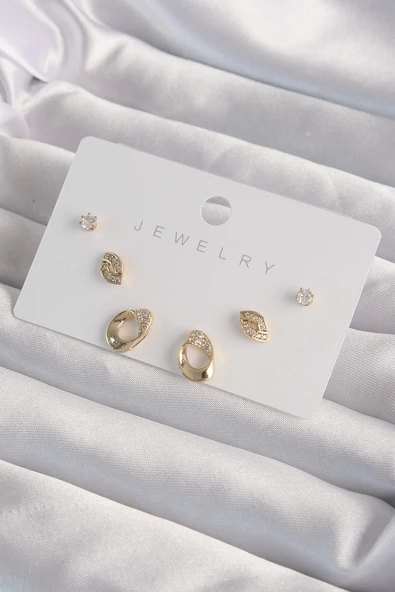 Pirinç Gold Renk Zirkon Taşlı Yaprak Model Küpe Seti ürün görseli 1