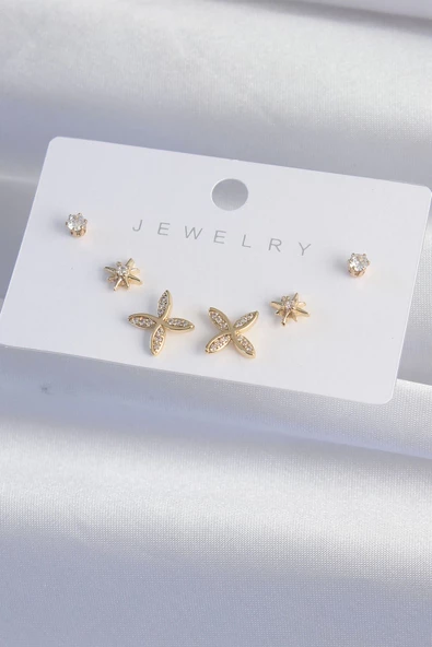 Pirinç Gold Renk Zirkon Taşlı Çiçek Model Küpe Seti - Resim 2