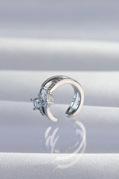 Pirinç Gümüş Renk Zirkon Taşlı Damla Earcuff Küpe - Resim 2