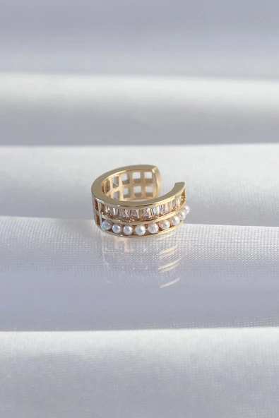 Pirinç Gold Renk İncili Baget Taşlı Earcuff Küpe ürün görseli 1