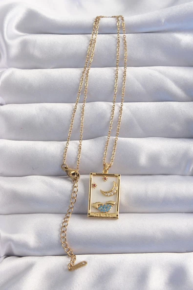 316L Çelik Zincir Gold Renk Ay Detay Mavi Zirkon Taşlı Tarot Kolye - Resim 2