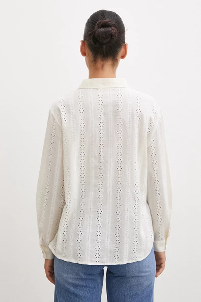 Fisto İşlemeli Gömlek Krem - Resim 5