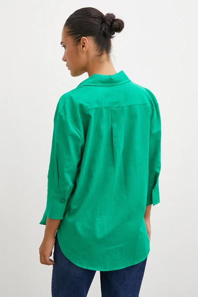 Geniş Manşetli Keten Gömlek Yeşil - Resim 3