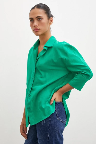 Geniş Manşetli Keten Gömlek Yeşil - Resim 5