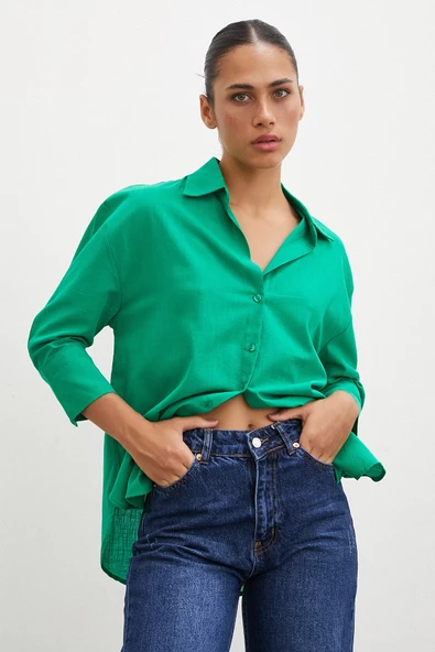 Geniş Manşetli Keten Gömlek Yeşil ürün görseli 1