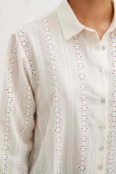 Fisto İşlemeli Gömlek Krem - Resim 4