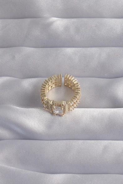 MuI MuI Pirinç Gold Renk Su Yolu Model Ayarlamalı Baget Taş Yüzük - 3