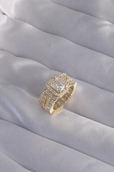 MuI MuI Pirinç Gold Renk Su Yolu Model Ayarlamalı Baget Taş Yüzük - 2