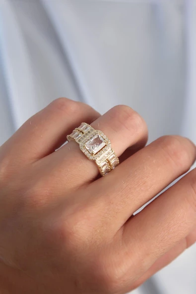 MuI MuI Pirinç Gold Renk Su Yolu Model Ayarlamalı Baget Taş Yüzük - 4