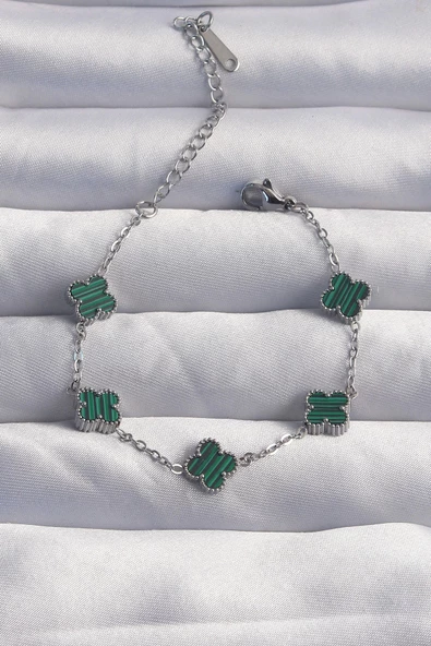 316L Çelik Baby Boy Gümüş Renk Çizgili Yeşil Mineli Yonca Bileklik ürün görseli 1