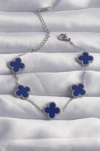 316L Çelik Gümüş Renk Mavi Mineli Yonca Bileklik