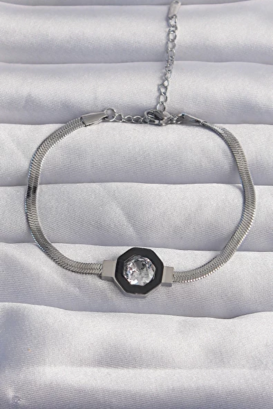 316L Çelik Gümüş Renk Zirkon Taşlı Mineli İtalyan Zincir Serenay Bileklik ürün görseli 1