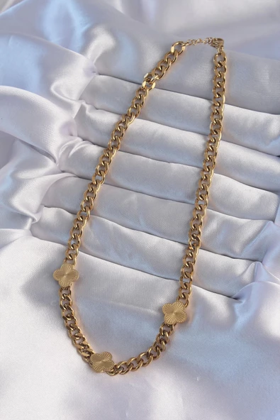 316L Çelik Gold Renk İşlemeli Yonca Model Zincir Kolye - 2