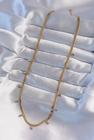 316L Çelik Gold Renk Baget Taşlı İtalyan Zincir Kolye - Resim 2