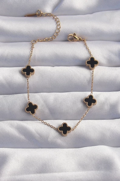 316L Çelik Baby Boy Gold Renk Siyah Mineli Yonca Bileklik ürün görseli 1