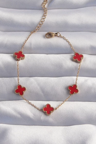 316L Çelik Baby Boy Gold Renk Kırmızı Mineli Yonca Bileklik ürün görseli 1