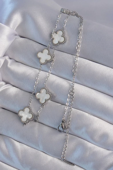 316L Çelik Gümüş Renk Beyaz Sedefli Yonca Kolye - Resim 2