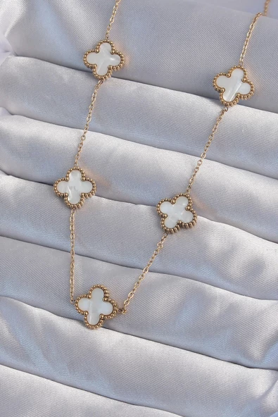 316L Çelik Gold Renk Beyaz Sedefli Yonca Kolye ürün görseli 1