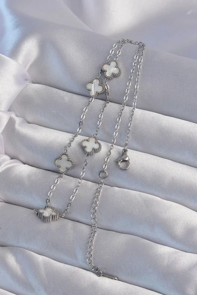 316L Çelik Gümüş Renk Minimal Beyaz Sedefli Yonca Kolye - Resim 2