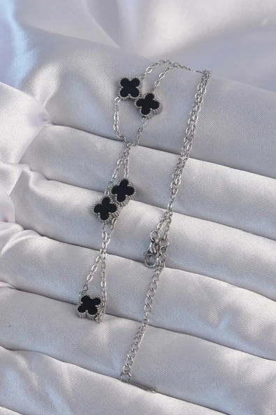 316L Çelik Gümüş Renk Minimal Siyah Mineli Yonca Kolye - Resim 2