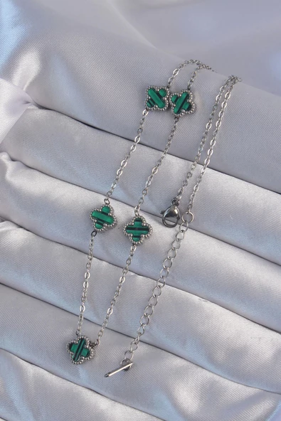 316L Çelik Gümüş Renk Minimal Yeşil Mineli Yonca Kolye - Resim 2