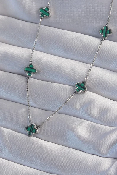 316L Çelik Gümüş Renk Minimal Yeşil Mineli Yonca Kolye ürün görseli 1