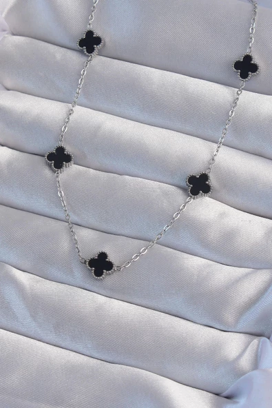 316L Çelik Gümüş Renk Minimal Siyah Mineli Yonca Kolye ürün görseli 1