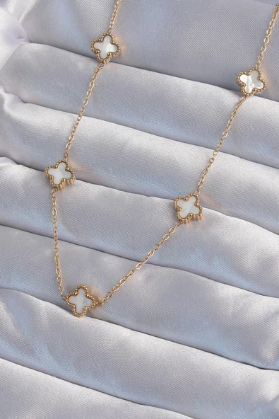 316L Çelik Gold Renk Minimal Beyaz Sedefli Yonca Kolye ürün görseli 1