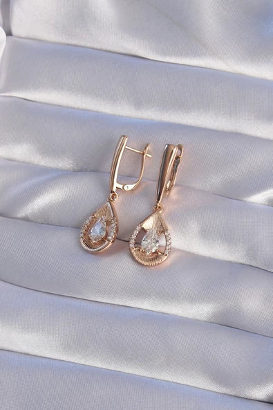 XUPİNG Rose Renk Zirkon Taşlı Damla Model Sallantılı Küpe - Resim 2