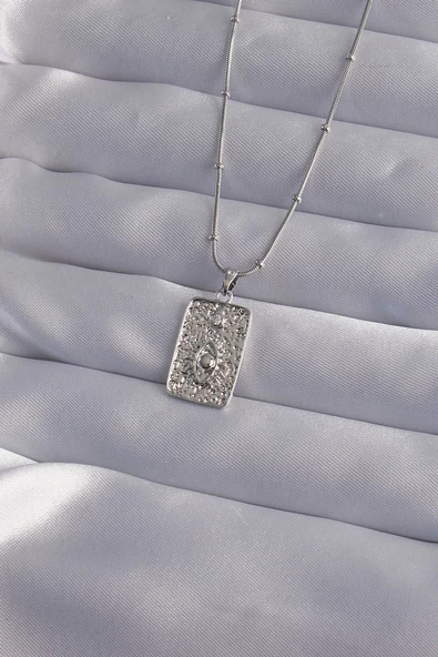 316L Çelik Zincir Gümüş Renk Lazer İşlemeli Göz Figür Tarot Kolye ürün görseli 1