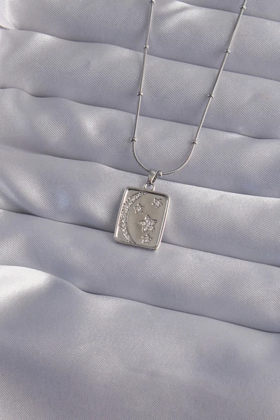 316L Çelik Zincir Gümüş Renk Zirkon Taşlı Ay Yıldız Figürlü Tarot Kolye ürün görseli 1