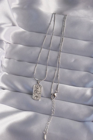 316L Çelik Zincir Gümüş Renk Lazer İşlemeli Göz Figürlü Tarot Kolye - Resim 2