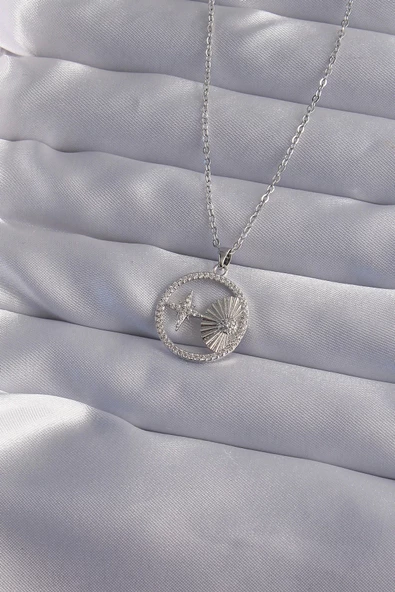 316L Çelik Zincir Gümüş Renk Zirkon Taşlı Yıldız Figürlü Oval Kolye ürün görseli 1